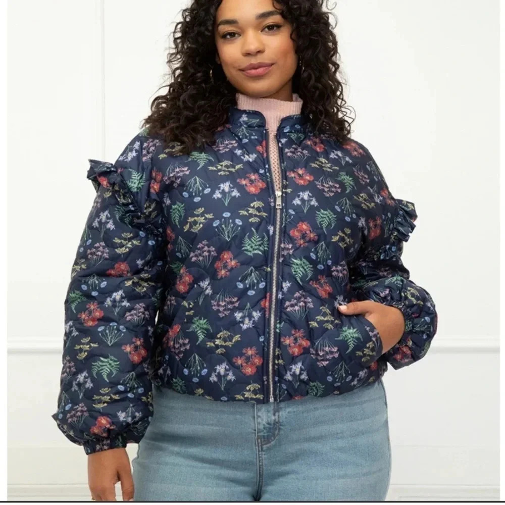 Eloquii Elements Navy Blue Floral Quilted Puffer Bomber Jacket‎ Plus Size 22/24